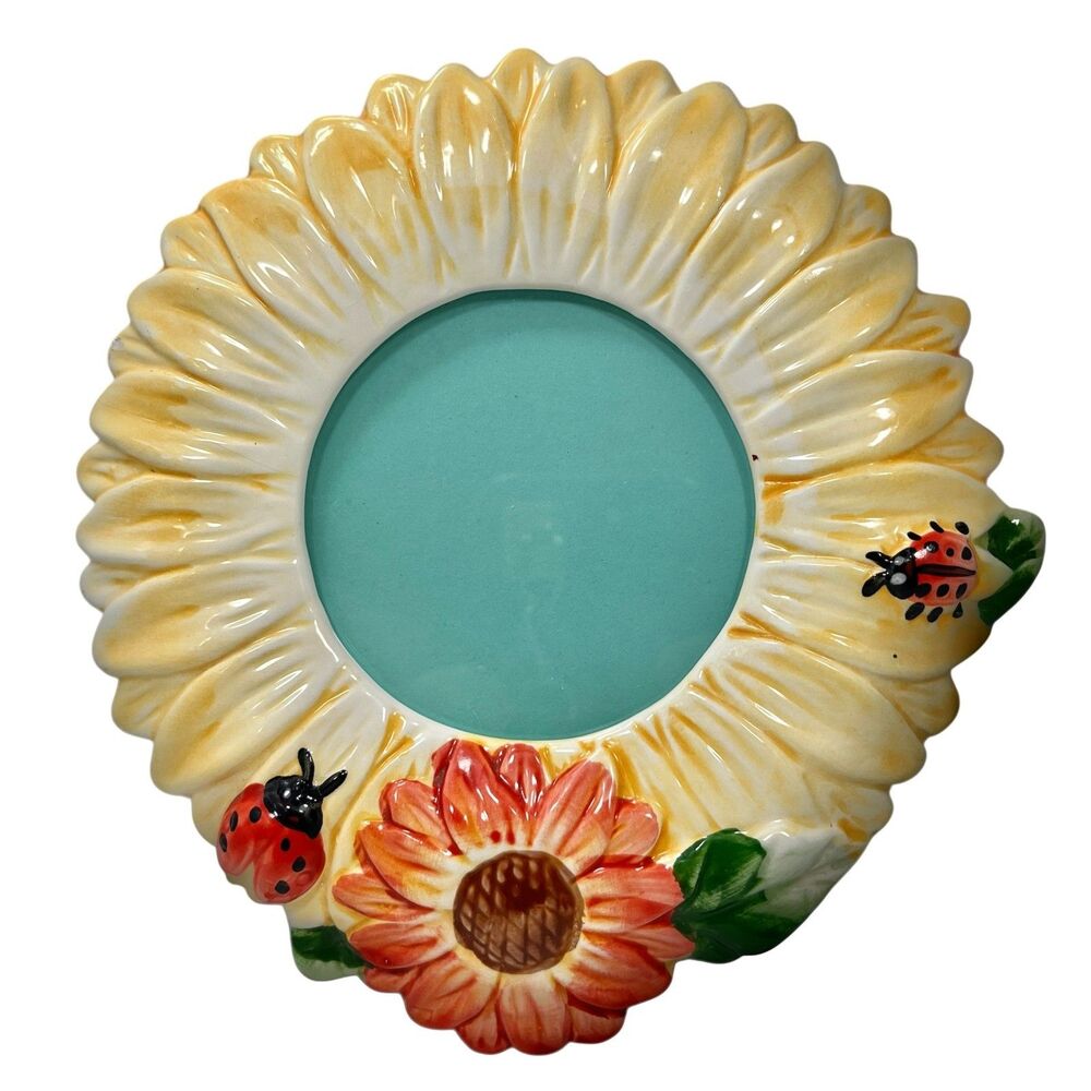 Vintage Ceramic Ladybug Sunflower Picture Photo Frame 3X3" Yellow Flower READ!